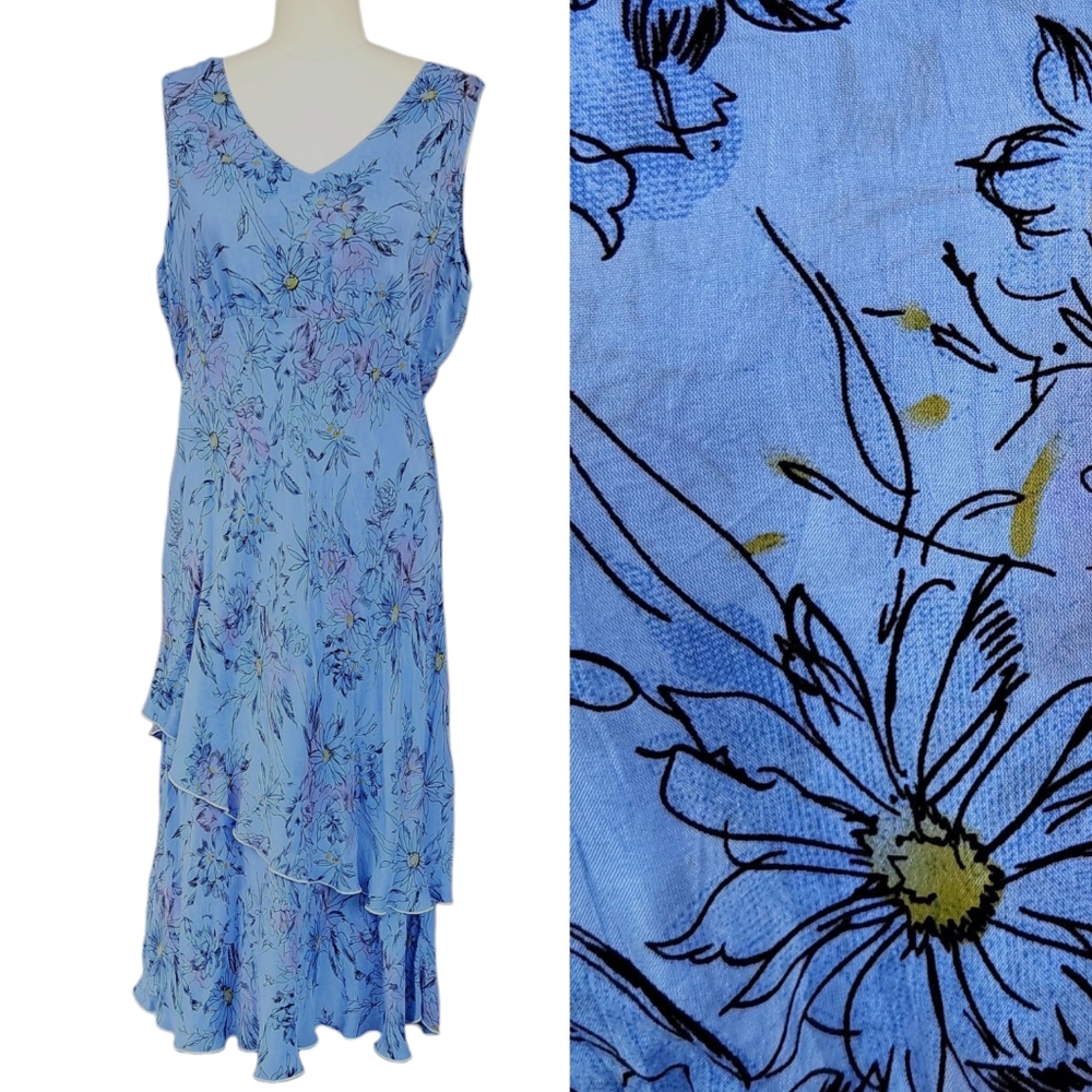 Tianello Iris Dress Periwinkle Blue Floral Tiered Flounce V-Neck Sleeveless XL